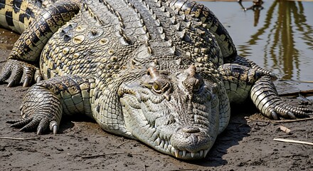 Obraz premium Menacing crocodile resting near the water's edge, showing its powerful scales and teeth, an apex predator in its natural habitat ready to strike