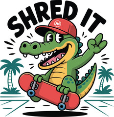 Cool cartoon alligator skateboarding with a red cap and board, flashing a peace sign under palm trees.