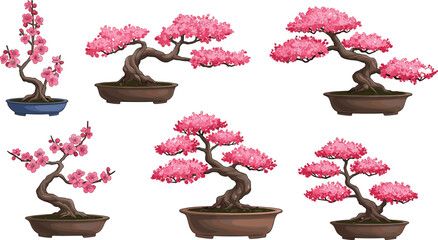 Pink Cherry Blossom Bonsai Tree Clipart – Japanese Floral Illustration Set © Ali
