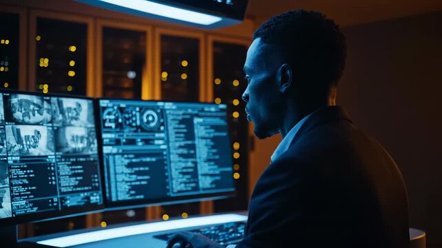 Monitor and server rack surround desk and console. Dashboard displays data and analytics on screen with keyboard and program logs. Security and technology gear occupy control area and panel.