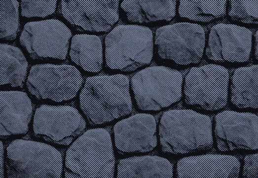 Close up of a textured blue cobblestone wall with irregular rounded stones and rough surface detail, showcasing natural stone pattern for architectural design and flooring texture.