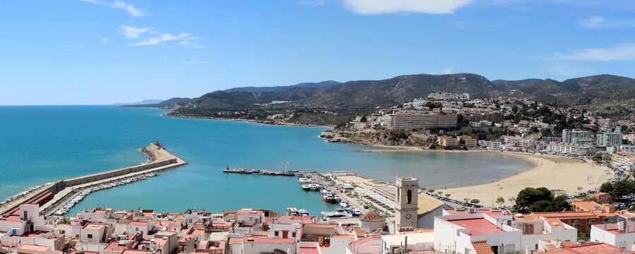 Panoramic view at the marina and town of Peniscola at the Mediterranean Sea (Valencian Community, Spain)