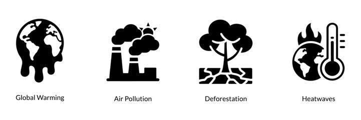 Global warming and climate change icon set representing environmental problems and ecological concerns. Vector silhouette