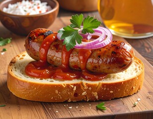 Grilled sausage with sauce on bread, garnished with onion rings and parsley.
