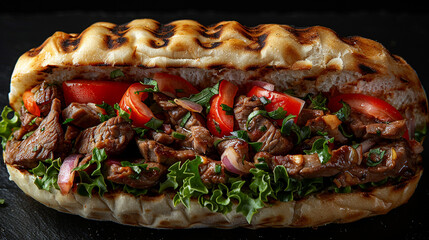 Grilled beef sub sandwich with fresh vegetables.