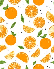 Orange fruit and slices pattern with green leaves on white background.
