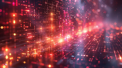 Abstract digital network tunnel with glowing red and orange lines and particles.