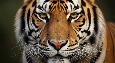 Intense gaze of a Bengal tiger up close, showcasing its striking orange and black stripes and piercing yellow eyes, perfect for wildlife documentaries