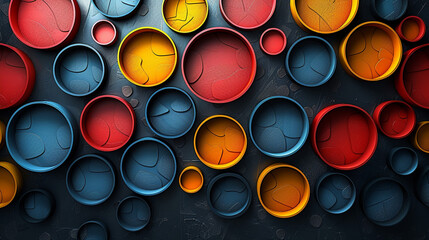 Abstract colorful circular pattern design on dark background.
