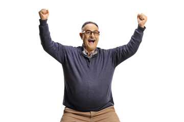 Excited mature man with arms up