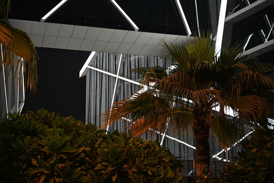 Bahrain, Manama, Bahrain Bay - abstract view at the illuminated facade at night