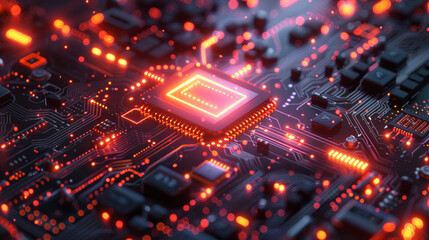 Close-up of a glowing computer circuit board with a central processor chip, illuminated with vibrant red light.