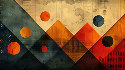 Abstract geometric shapes with bold colors and distressed texture.