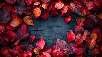 Vibrant autumn leaves frame dark wooden background.