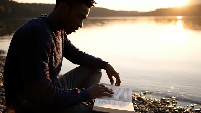 Man writes in journal by lake at sunset. He sits on rocky shore next to notebook. Quiet reflection and solitude fill scene. Peaceful mood captures creative writing ritual. Calm focus stays steady.