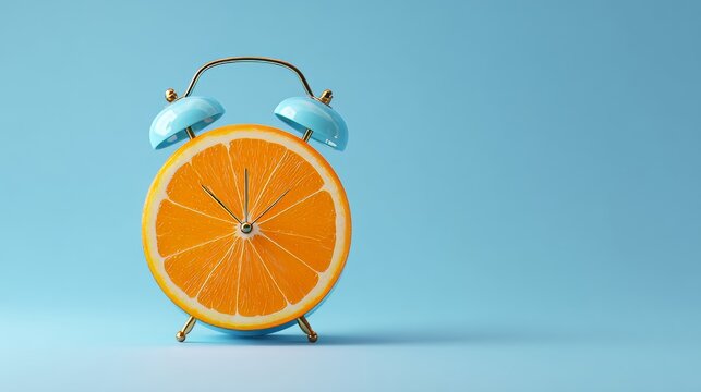 reative minimal design of orange slice alarm clock on pastel blue background, fruit idea for marketing concept