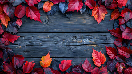 Autumn leaves frame on dark wood planks.