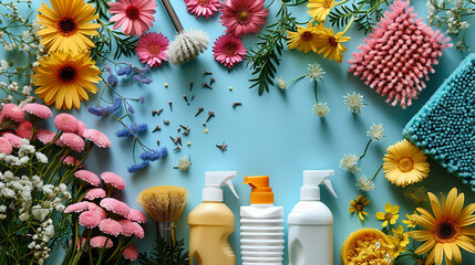 Colorful cleaning supplies and flowers arranged on a light blue background.