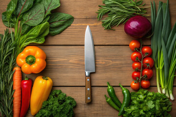 Fresh colorful vegetables and herbs surround sharp kitchen knife on wooden surface, creating vibrant and healthy cooking scene