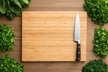 Wooden cutting board with kitchen knife and fresh green lettuce leaves on wooden table, healthy cooking preparation