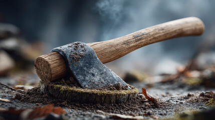 Fototapeta premium An old axe with a wooden handle rests on a moss-covered tree stump in a misty, wooded area.