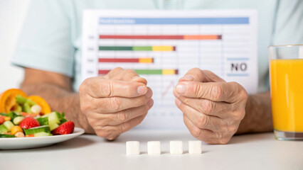Sugar cubes with hands and healthy food on table, showing nutrition chart and orange juice for healthy lifestyle and diet