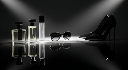A trio of perfume bottles and a pair of high-heeled shoes are displayed elegantly.