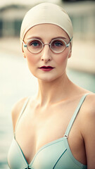 Woman with round glasses wearing swim cap and swimsuit, looking confidently with calm expression near water