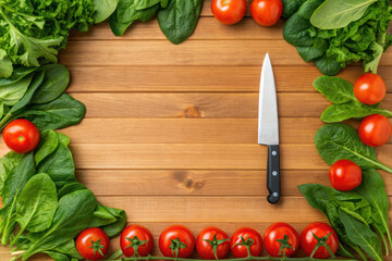 Fresh red tomato and green spinach leaves with kitchen knife on wooden table, healthy food concept