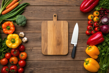 Fresh colorful vegetables surrounding wooden cutting board with kitchen knife rustic table, inspiring healthy cooking and vibrant meal preparation