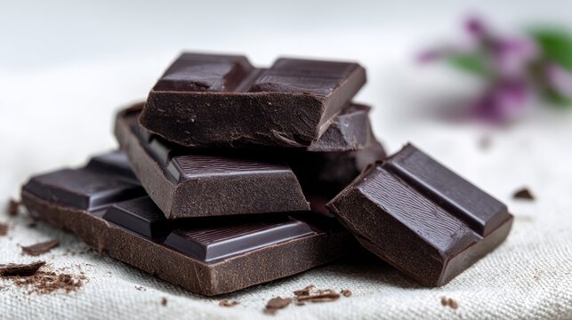 Dark, intense chocolate chunks shown in close-up on a white background, presented as isolated pieces suitable for use in packaging visuals.