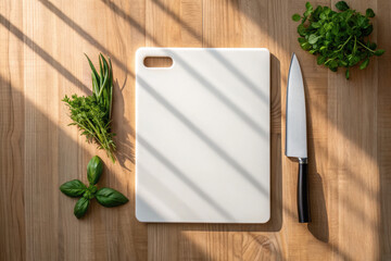 White cutting board with kitchen knife and fresh green herbs on wooden table with sunlight shadows