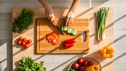 Slicing fresh cucumber and tomato on wooden cutting board with various fresh vegetables around in bright natural light