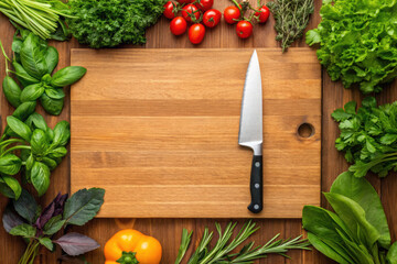 Fresh herbs and vegetables surround wooden cutting board with kitchen knife, creating vibrant and healthy cooking scene