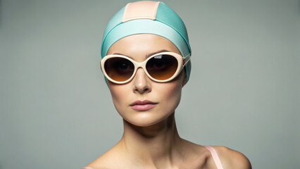 Woman wearing retro swim cap and sunglasses, vintage style portrait with soft lighting and neutral background