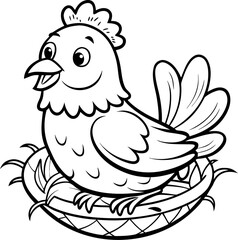 Cute hen sitting on nest, coloring book outline style,coloring book vector, line art vector line art , black and white
