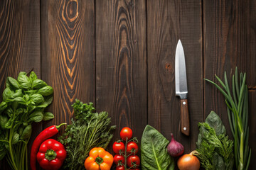 Fresh colorful vegetables and herbs with kitchen knife on rustic wooden table, healthy cooking ingredients for meal preparation