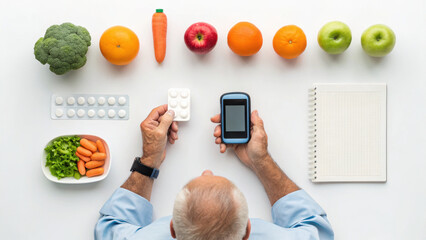 Man holding glucose meter and pills with healthy fruits and vegetables on table for diabetes care and management