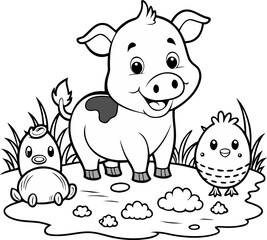 Pig in mud, cow eating grass, hen nearby, coloring book page ,coloring book vector, line art vector line art , black and white