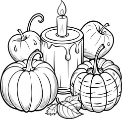 Pumpkins and apples around candle, coloring page drawing ,coloring book vector, line art vector line art , black and white