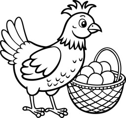 Hen with eggs in basket, black and white vector coloring page,coloring book vector, line art vector line art , black and white