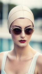 Young woman wearing beige swim cap and stylish sunglasses with red lipstick posing near pool, elegant and confident summer fashion portrait