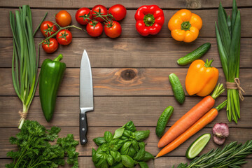 Fresh vegetables and herbs arranged around kitchen knife on wooden surface, creating vibrant and healthy cooking scene