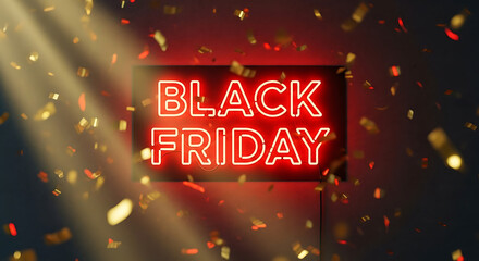 Black Friday neon sign surrounded by falling gold confetti and dramatic light beams.