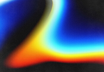 Abstract flowing neon colors in a dynamic gradient scene with vibrant blue, cyan, yellow, and orange curves against a dark speckled background, evoking digital art and energy