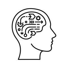 Abstract illustration of a human head profile with gears and arrows inside, representing artificial intelligence and cognitive processes