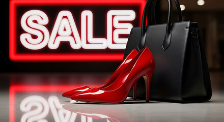 Red high heel shoes and a black handbag are displayed in front of a neon 'SALE' sign.