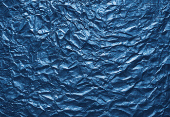 Close-up of a blue textured crumpled surface with dramatic shadows and highlights, resembling metallic foil, perfect as a versatile background texture for design projects.