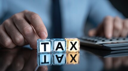 Tax Preparation with Letter Blocks and Calculator Focused on Finance