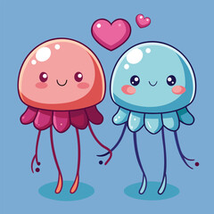 Obraz premium Two cute cartoon jellyfish couple holding hands with love hearts